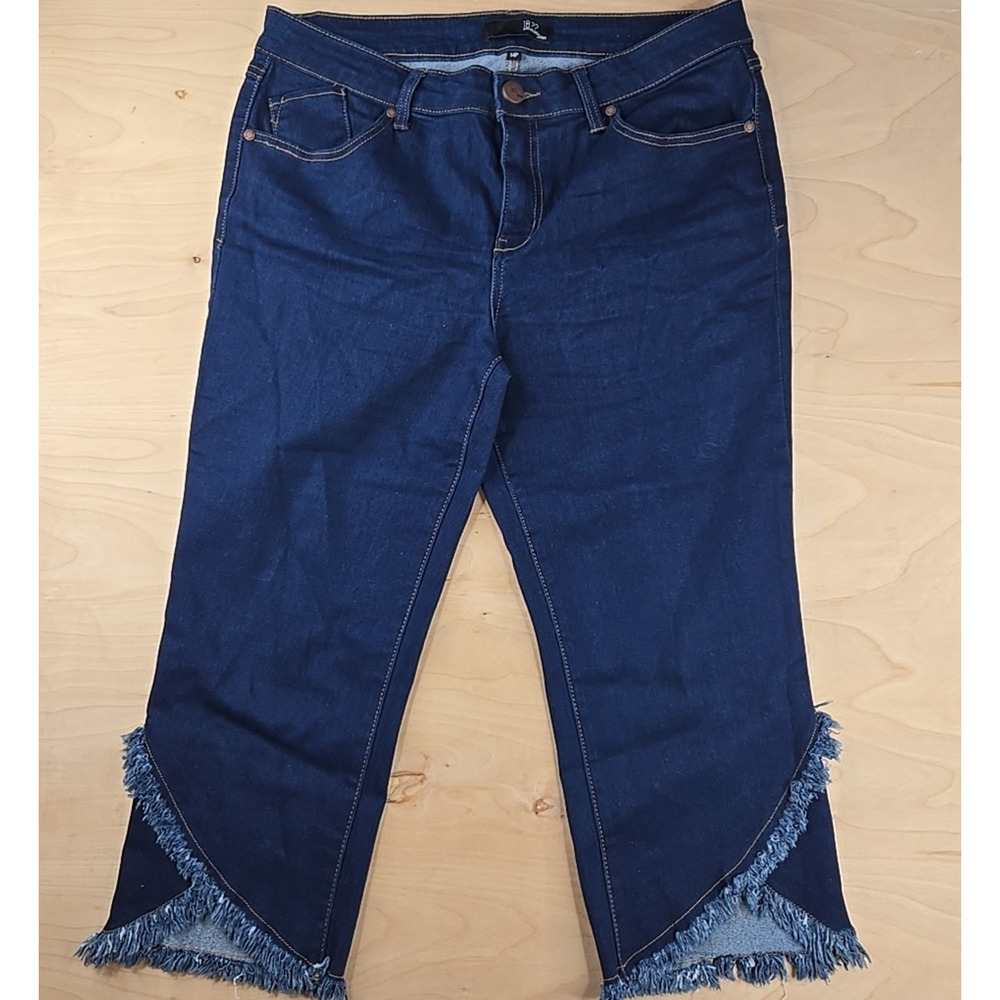 1822 Denim Ankle Crop Jeans Women's 14 Petite Blue Frayed Hem Raw Edge Stretch